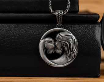 Lion with Lioness Unique Love Necklace , Leo Silver Zodiac Jewelry Necklace Pendant, Wild Animal Lover Men Gift Jewelry, Birthday Gifts