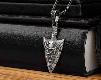 Arrowhead Necklace with Eye Horus Silver Men Pendant, Rock Face Silver Arrowhead Man Pendant, Necklace for Boyfriend Husband, Birthday Gift