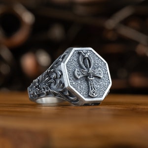 Chevalière Ankh égyptienne antique pour homme, bague fantaisie gravée en argent sterling, bijoux de remise des diplômes mystiques à offrir, bague Ankh unique