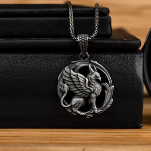 Engraved Griffin Silver Men Necklace,  Sterling Silver Winged Lion Necklace, Gryphon Medallion Legendary Creature Charm Pendant, Men Gifts