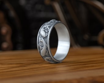 Handgjord japansk herrring, Koi-fisk sterlingsilverring, japansk fisk naturinspirerad ring, graverad förlovningsring för män