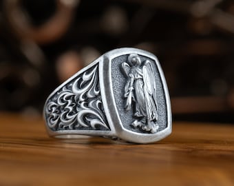 Archangel St Michael silver signet ring for men, Handmade religious Saint Michael Jewelry for dad, Minimalist ring for him