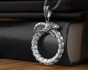 Ouroboros Dragon Handcrafted Viking Silver Men Necklace, Quroboros Dragon Silver Men Jewelry, Dragon Sterling Silver Pendant, Mythology Gift