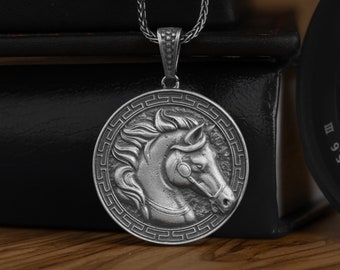 Handcrafted Sterling Silver Horse Necklace, Greek Gorgon Horse Charm Jewelry, Oxidized Horse Men Necklace, Animal Gift Jewelry, Gift For Men