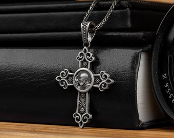 Saint Padre Pio Men Silver Cross Men Necklace, Oxidized Silver Christian Gift Jewelry, Catholic Silver Jewelry, Crucifix Gift Men Necklace