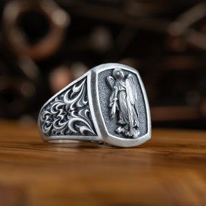 Archangel St Michael silver signet ring for men, Handmade religious Saint Michael Jewelry for dad, Minimalist ring for him