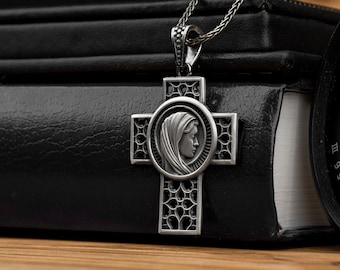 Crucifix Men Cross Silver Necklace, Virgin Mary Silver Men Pendant, Holy Mother Crucifix Cross, Christian Catholic Silver Charm Gift For Men