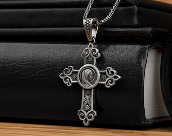 Virgin Mary Men Silver Necklace Cross Pendant, Sterling Silver Christian Cross Jewelry, Virgin Mary Crucifix Necklace, Birthday Gift Pendant