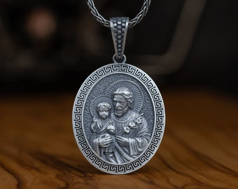 Saint Joseph Mens Necklace, St Joseph Catholic Personalized Necklace, Silver Christian Medallion, Religious Pendant, Custom Catholic Jewelry