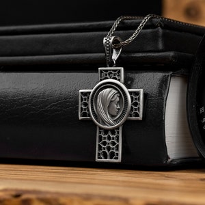 Crucifix Men Cross Silver Necklace, Virgin Mary Silver Men Pendant, Holy Mother Crucifix Cross, Christian Catholic Silver Charm Gift For Men