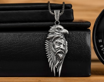 Hunder Celtic Unique Silver Men Necklace, Odin Hugin Viking Mens Necklace Pendant, Scandinavian Mythology Gift, Birthday Gifts, Men Pendant