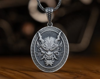 Oni Mask Personalized Men Silver Necklace, Japanese Mythology Demon Gothic Necklace, Silver Goth Jewelry, Unique Best Friend Gift, Men Gift