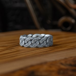 Cuban Link Chain Silver Men&#39;s Band Wedding Ring, Handmade Victorian Style Sterling Silver Curb Link Chain Ring For Boyfriend, Chunky Ring