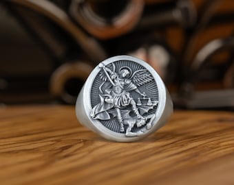 St Michael Pinky Signet Silver Ring For Men, Sterling Silver Oxidized Archangel Saint Michael Ring, Christian Gift Men Ring, Religious Ring