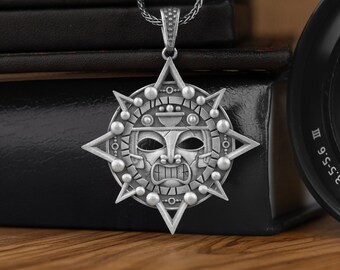 Azteken Sonne Gravierte Handgefertigte Halskette aus Sterlingsilber, Maya Halskette Für Männer, Ethnische Halskette Für Mexikanische, Alte Halskette Für Freund