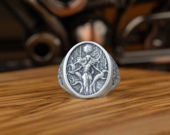 Handmade Night Angel Fantasy Sterling Silver Ring For Men, Moon Angel Ring with Intaglio Tree, Oval Signet Ring, Mystic Ring For Best Friend
