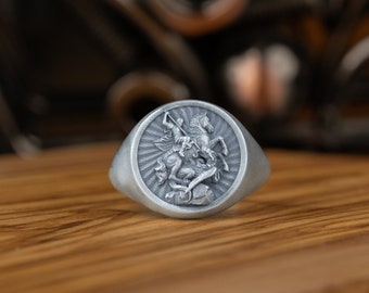 Anillo de plata con la fe de San Jorge de Lida para hombres, anillo cristiano de San Jorge para la familia, anillo de sello de plata oxidada para el meñique, anillo religioso para papá