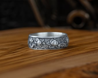Anillo de plata esterlina para hombre con grabado floral hecho a mano, anillo de compromiso victoriano para hombres, anillo de banda de plata oxidada, joyería de plata para regalo