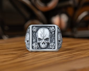 Skull and Rose One Of A Kind Silver Men Ring, Floral Signet Ring For Men in Sterling Silver, Flower Ring Gothic Style, Cool Punk Gift Ring