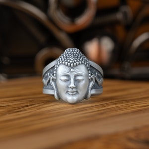 925 Sterling Silver Buddha Ring, Mudra Hand Engraved Unique Statement Ring for Him, Spiritual Jewelry for Men and Women, Cool Yoga Jewelry
