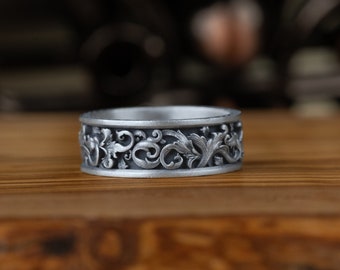 Gesneden bladmotief belofte heren band zilveren ring, geoxideerd rococo ornament heren trouwring ring in sterlingzilver, bloemen verlovingsring