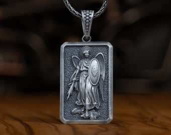 Collar de Arcángel Miguel de Plata, Colgante de Arcángel Alado de San Miguel, Collar de Escudo, Collar Religioso, Collar Personalizado