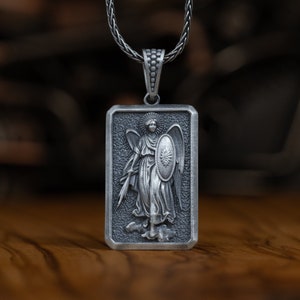 Silver Archangel Michael Necklace, St Michael Winged Archangel Pendant, Shield Necklace, Religious Necklace, Personalized Necklace