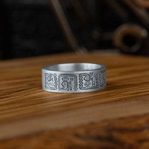 Aztec and Mayan Hieroglyphics Silver Band Ring, Ancient Unique Mens Ring in Sterling Silver, Aztec and Mayan Jewelry, Mythology Gift Ring