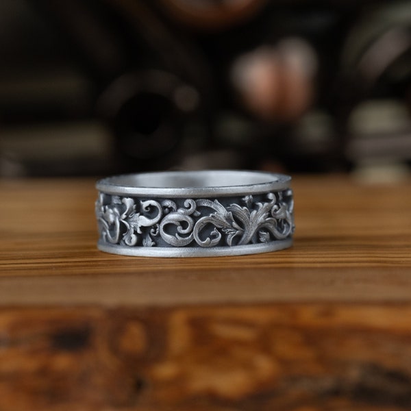 Carved Leaf Motif Promise Men Band Silver Ring, Oxidized Rococo Ornament Men's Wedding Band Ring in Sterling Silver, Floral Engagement Ring