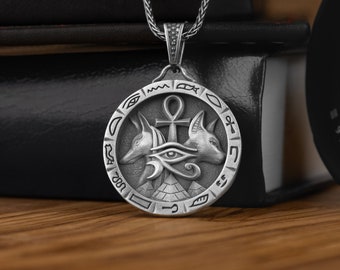 Anubis and Bast Egyptian Hieroglyphics Silver Necklace, Egyptian Cross Ankh and Eye of Horus Medallion, Ancient Egyptian Gods Necklace