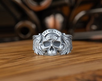 Silver Memento Mori Mens Skull Men Ring, One Of A Kind Gothic Ring For Best Friend, Memento Mori Goth Jewelry For Men, Biker Gift Men Ring