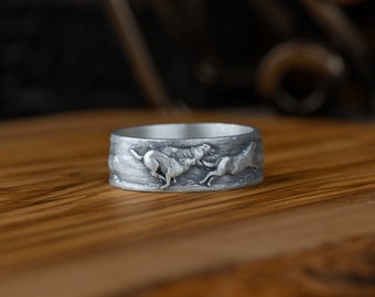 Wolf Family Silver Mens Nature Band Ring, Engraved Wolf Oxidized Promise Ring For Men, Silver Animal Ring, Wedding Band Ring, Band Jewelry