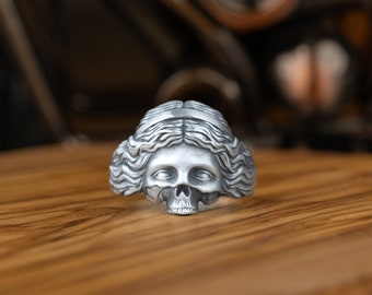 Biker Aphrodite Extraordinary Gothic Ring, Greek Mythology Skull Ring Sterling Silver, Roman Mythology Goddess Venus Ring For Men, Male Ring