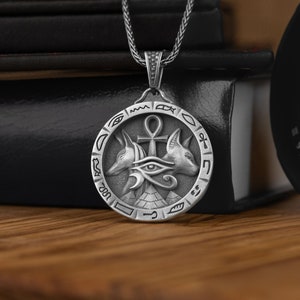 Anubis and Bast Egyptian Hieroglyphics Silver Necklace, Egyptian Cross Ankh and Eye of Horus Medallion, Ancient Egyptian Gods Necklace
