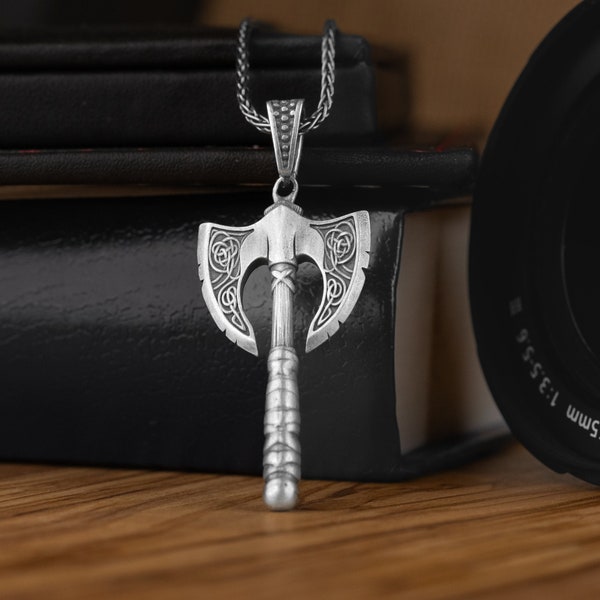 Silver Dane Double Sided Axe Necklace For Men, Oxidized Viking Battle Axe Necklace in Silver, Warrior Pendant For Men, Necklace For Norse