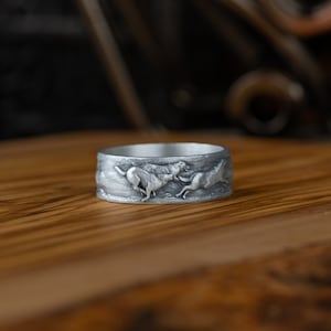 Wolf Family Silver Mens Nature Band Ring, Engraved Wolf Oxidized Promise Ring For Men, Silver Animal Ring, Wedding Band Ring, Band Jewelry