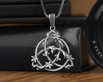 Ivy Wrap Triquetra Knot Silver Necklace, Celtic Trinity Symbol With Flower Branch Pendant, Occult Necklace For Him, Pagan Gift For Husband