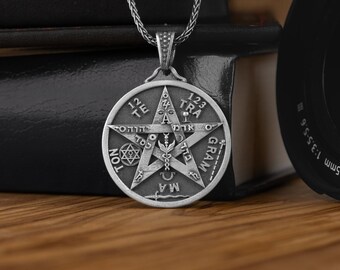 Silver Tetragrammaton Necklace For Him, Hebrew Coin Necklace, Jewish Star of David and Pentacle Pendant, YHWH Pentagram Necklace For Men