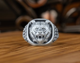 Handmade Nordic Bear Silver Signet Ring For Men, Oxidized Mens Animal Ring, Scandinavian Minimal Jewelry For Men, One Of A Kind Gift Ring