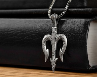 Handcrafted 925 Silver Polarm Pendant Necklace, Trident Of Poseidon Necklace, Poseidon Spear Greek Mythology Necklace, Ancient Men Necklace