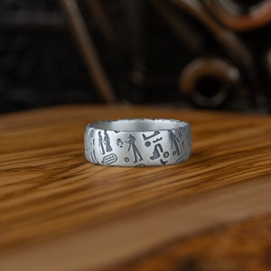 Ancient Egyptian Hieroglyphics Men Band Ring, Sterling Silver Men Symbol Ring For Wedding, Engraved Male Ring, Mythology Silver Gift Ring