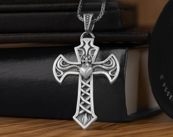 Silver Sacred Heart on Cross Necklace, Sterling Silver Christian Necklace For Men, Faith Necklace For Husband, Christmas Gifts For Family