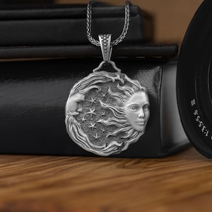 Celestial The Love Sun and Moon Silver Necklace, Day and Night Circle Necklace, Spiritual Medallion Women Necklace, Family Necklace Gift