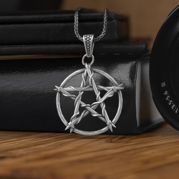 Wiccan Pentacle Necklace in Silver, Pentagram Oxidized Silver Necklace For Boyfriend, Satanic Necklace For Best Him, Pagan Occult Necklace