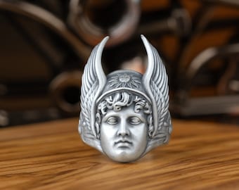 Engraved Hermes with Winged Helmet Ring, Sterling Silver Caduceus on Side Extraordinary Ring For Men, Ancient Greek Mythology Goddess Ring