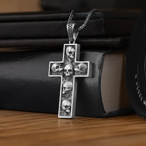 Skulls Cross Handcrafted 925 Silver Men Charm Necklace, Skull Silver Biker Gothic Man Necklace, Skull Gothic Pendant Jewelry, Gift for Men
