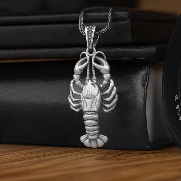 Silver Lobster 3D Pendant Necklace For Men, Crawfish Nautical Necklace in Sterling Silver, Sea Animal Necklace, Mens Nature Gift Necklace