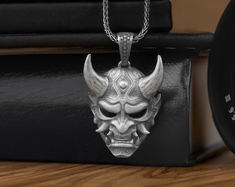Japanese Omni Mask Silver Necklace, Hannya Art Mask Necklace For Him, Silver Demon Pendant For Girlfriend, Japanese Devil Necklace