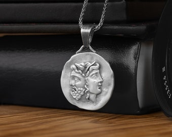 Janus Ancient Roman Coin Oxidized Silver Necklace, Old Rome Necklace For Men, Roman Mythology Pendant For Her, Bookworm Gift Necklace