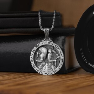 Eyptian Hieroglyphics Horus and Anubis Necklace, Ancient Gods Horus and Anubis Pendant, Hieroglyphics Pagan Silver Necklace For Boyfriend